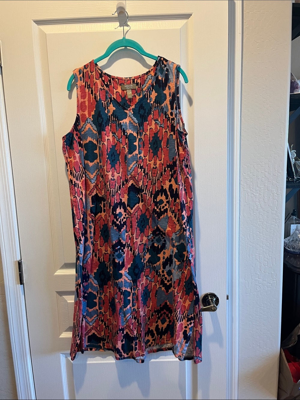 Sleeveless Midi Shift Dress in Coral & Navy Abstract Print